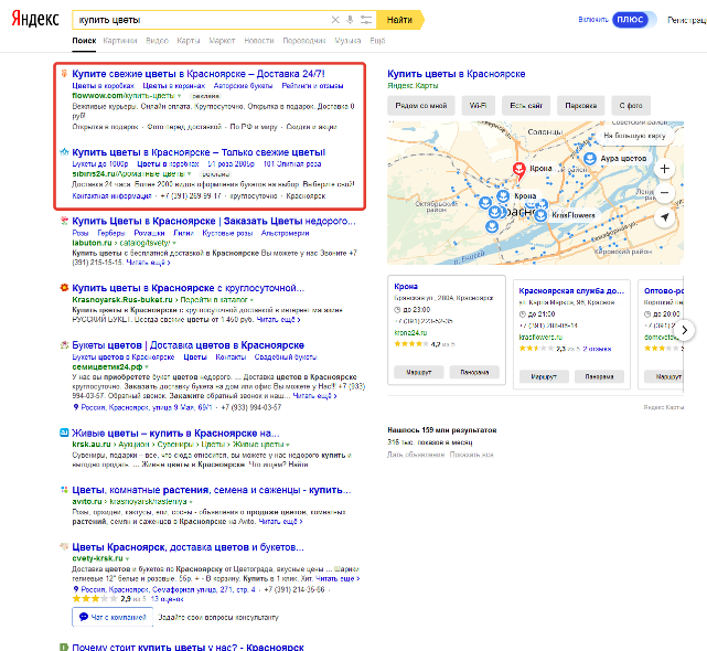 Пример рекламных блоков в поисковой системе Яндекс